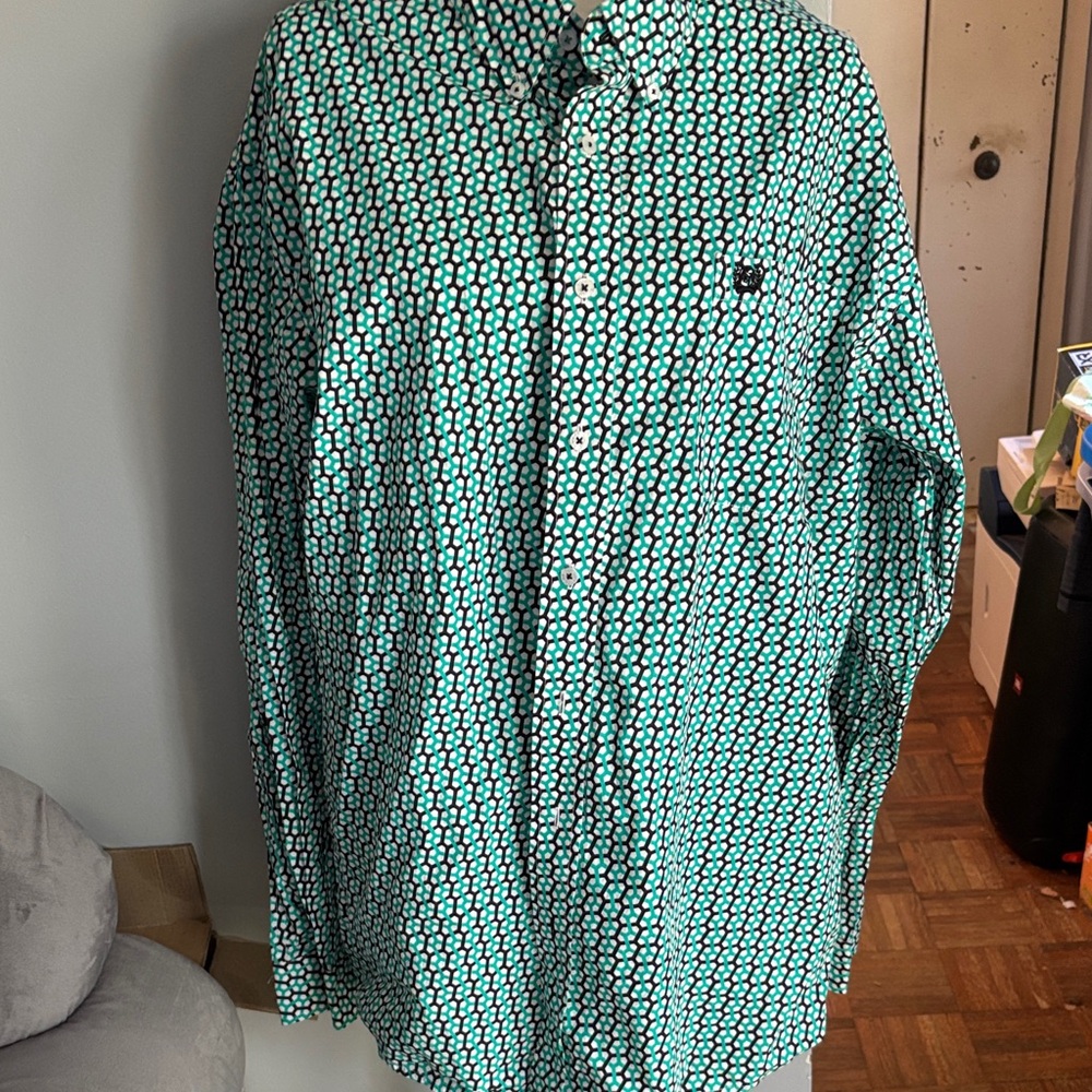 Cinch Teal and White Patterned Button Down Shirt